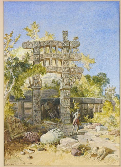 Tor zum buddhistischen Stupa in Sanchi, Gemälde von William Simpson, Indien 1865 Gemälde eines indischen Tores im Freien