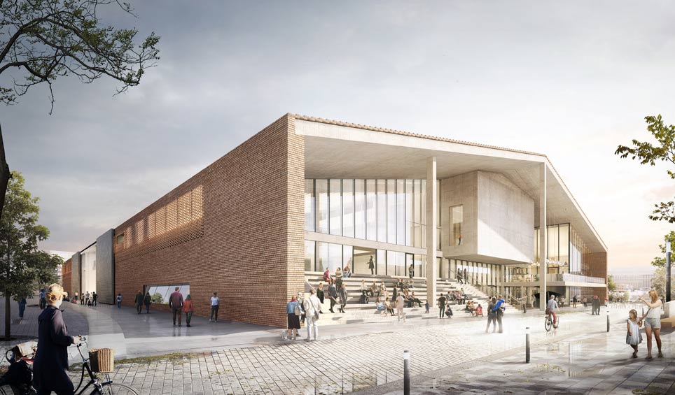 Die nordöstliche Fassade des im Bau befindlichen Museum des 20. Jahrhunderts macht die Offenheit und Durchlässigkeit des neuen Ausstellungshauses deutlich Nordostfassade des Museums des 20. Jahrhunderts (Rendering)