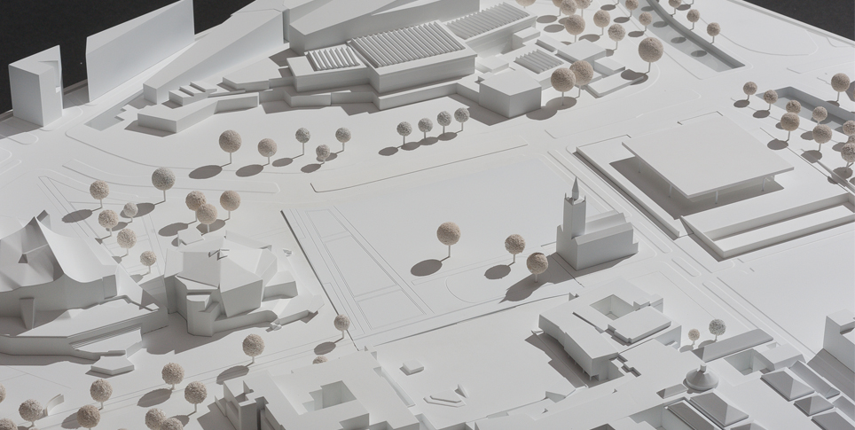 Model of the Kulturforum. The new building for the Museum des 20. Jahrhunderts will stand between the Philharmonie and the Neue Nationalgalerie