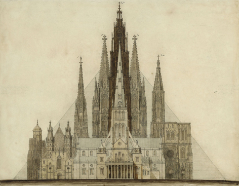 Charles Robert Cockerell: Höhenvergleich hauptsächlich gotischer europäischer Gebäude und der Cheopspyramide, Zeichnung, um 1840 © Kunstbibliothek der Staatlichen Museen zu Berlin/Dietmar Katz Charles Robert Cockerell: Höhenvergleich hauptsächlich gotischer europäischer Gebäude und der Cheopspyramide, Zeichnung, um 1840