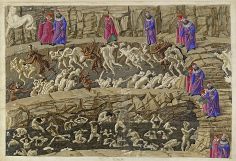 Sandro Botticelli: La Divina Commedia, Inferno XVIII, Bild / Miniatur, ca.1481-1488 © Kupferstichkabinett der Sta Sandro Botticelli: La Divina Commedia, Inferno XVIII. Vergil und Dante im achten Kreis der Hölle (Malebolge), 1. und 2. Bolgia: Bestrafung der Kuppler und Verführer, der Schmeichler und Huren, Bild / Miniatur, ca.1481-1488