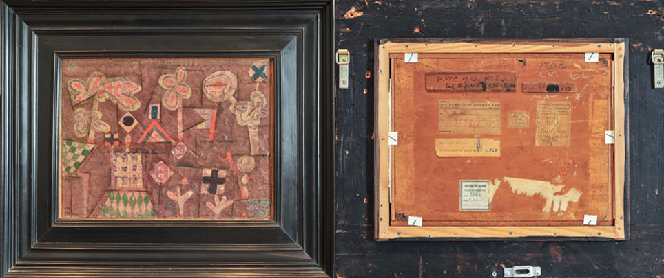 Links: Paul Klee „Lebkuchenbild“, 1925, Rechts: Rückseite mit Provenienzhinweisen Links: Paul Klee „Lebkuchenbild“, 1925, Rechts: Rückseite mit Provenienzhinweisen