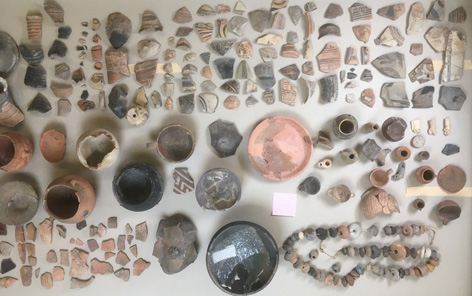 Fund Arbeitsplatte mit sortierten archäologischen Objekten