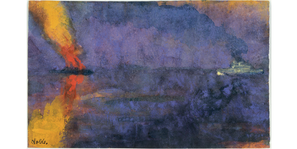 Emil Nolde, Kriegsschiff und brennender Dampfer, o. D. (vor/um 1943), Aquarell, 14,8 × 24,4 cm, Nolde Stiftung Seebüll, © Nolde Stiftung Seebüll, Foto: Dirk Dunkelberg, Berlin Emil Nolde, Kriegsschiff und brennender Dampfer, o. D. (vor/um 1943), Aquarell