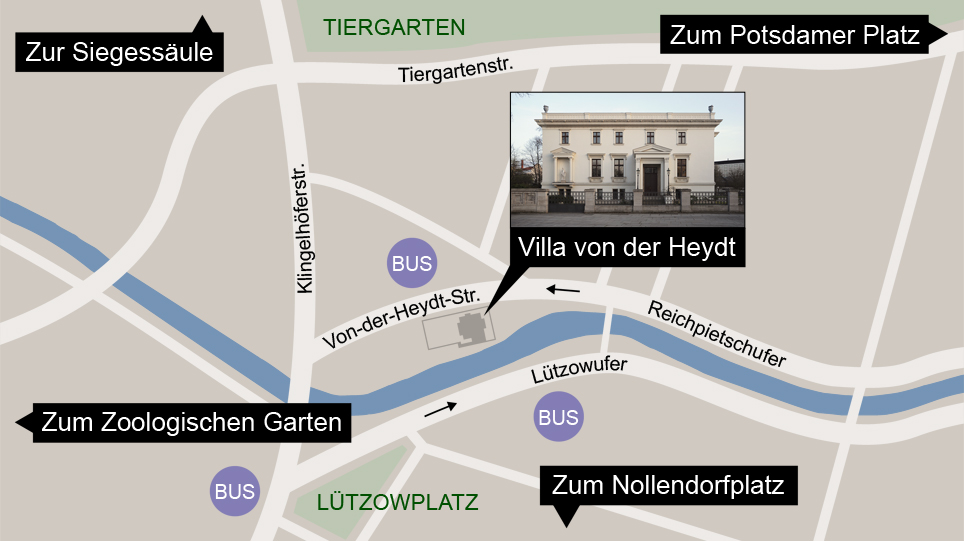 Gezeichneter Stadtplan mit einem Foto der Villa von der Heydt