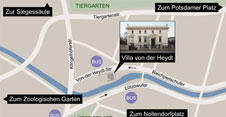 Gezeichneter Stadtplan mit einem Foto der Villa von der Heydt