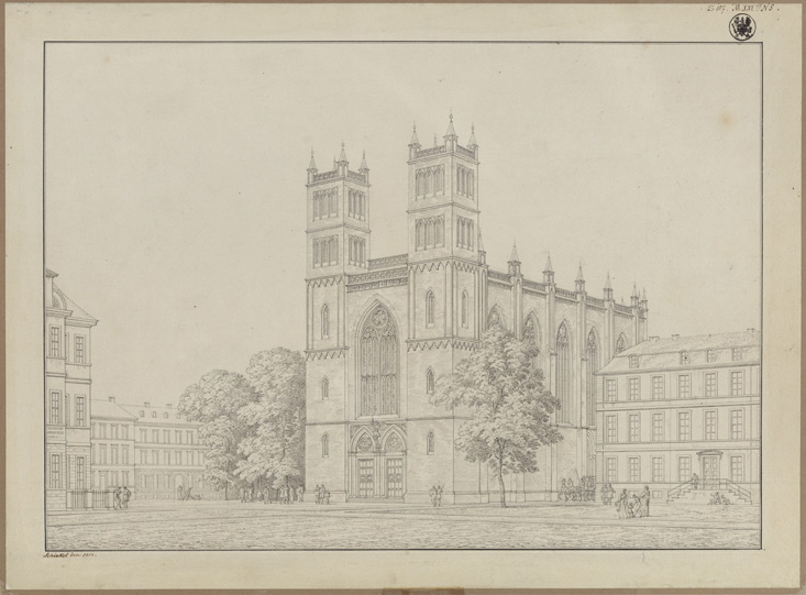 Entwurfszeichnung der Friedrichswerderschen Kirche von Karl Friedrich Schinkel Historische Architekturzeichnung eines einschiffigen, doppeltürmigen Sakralbaus im neogotischen Stil