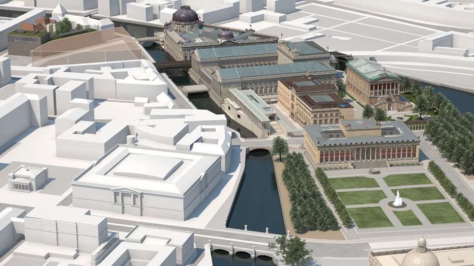 3D visualization of the Museumsinsel Berlin after all construction projects have been completed. View from the south