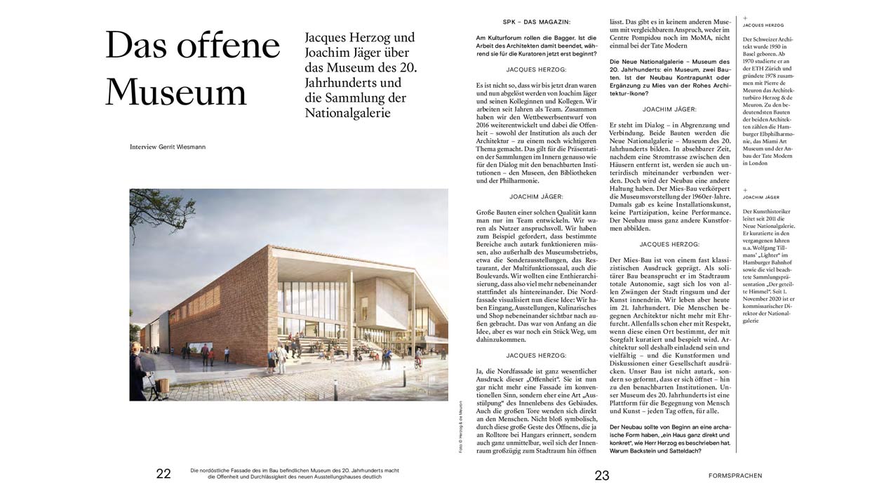 Doppelseite des Magazins mit dem Interview mit Jacques Herzog und Joachim Jäger (öffnet Vergrößerung des Bildes)