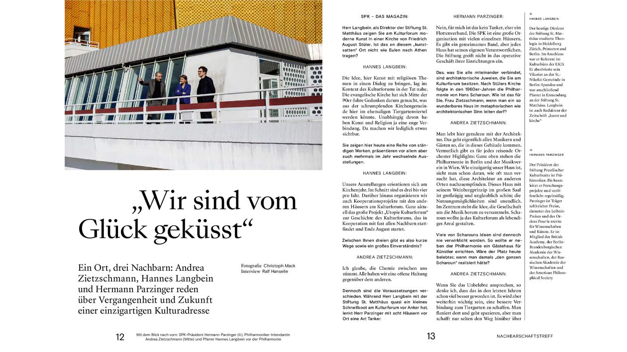 Doppelseite aus dem Magazin mit dem Interview zur Nachbarschaft am Kulturforum (öffnet Vergrößerung des Bildes)