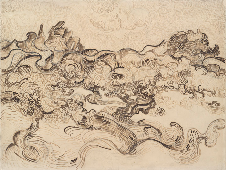 Zeichnung „Olivenbäume vor dem Alpillengebirge“ von Vincent van Gogh