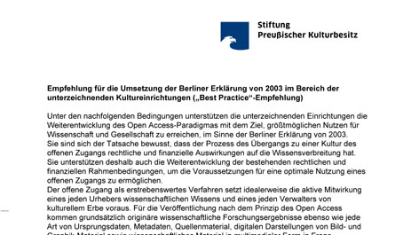 Deckblatt der Best practice-Empfehlung zu Open Access