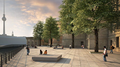 3D-Visualisierung der künftigen Freifläche hinter Pergamonmuseum und Alter Nationalgalerie (öffnet Vergrößerung des Bildes)
