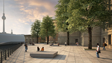 3D-Visualisierung der künftigen Freifläche hinter Pergamonmuseum und Alter Nationalgalerie (öffnet Vergrößerung des Bildes)