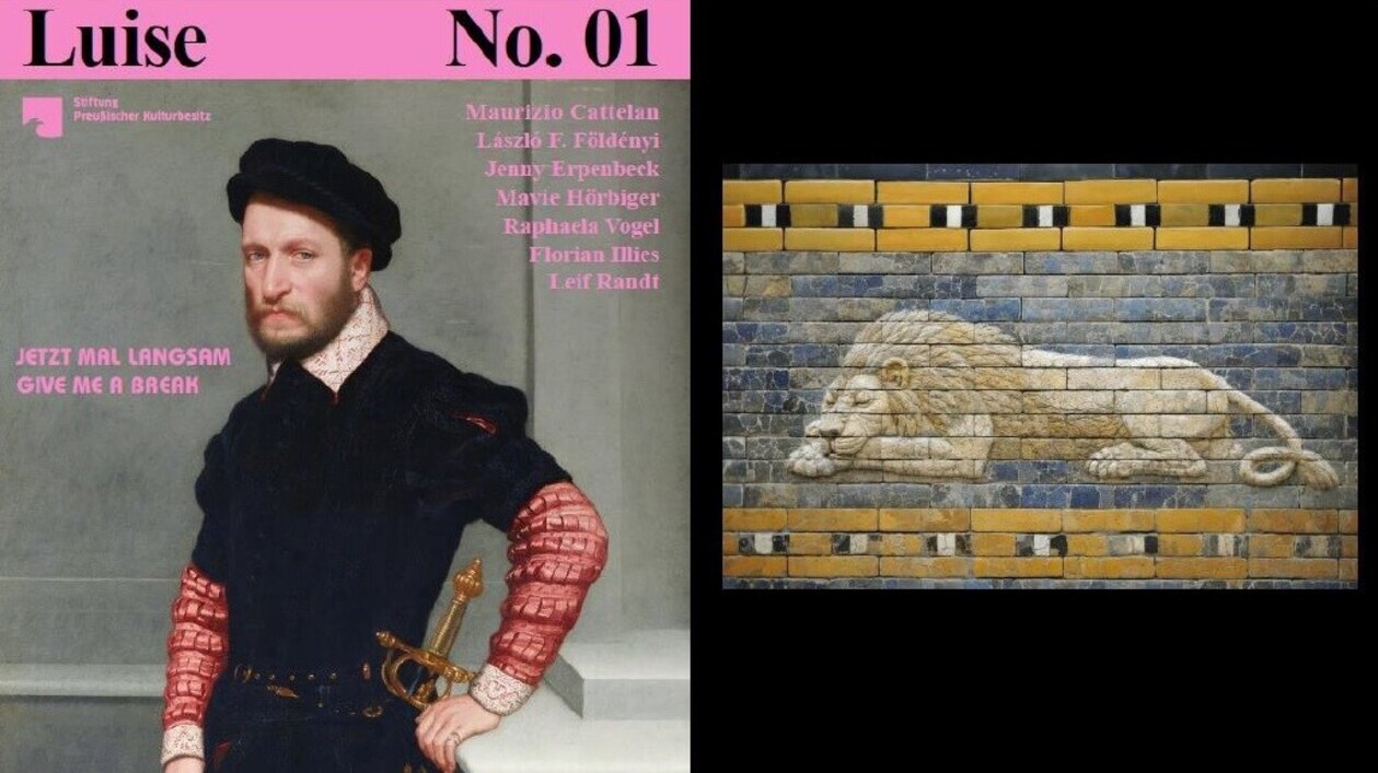 Vorder- und Rückseite des Magazins „Luise“, Ausgabe 01: links ein Männerporträt mit rosa Schrift, rechts ein liegender Löwe auf einer Ziegelwand.