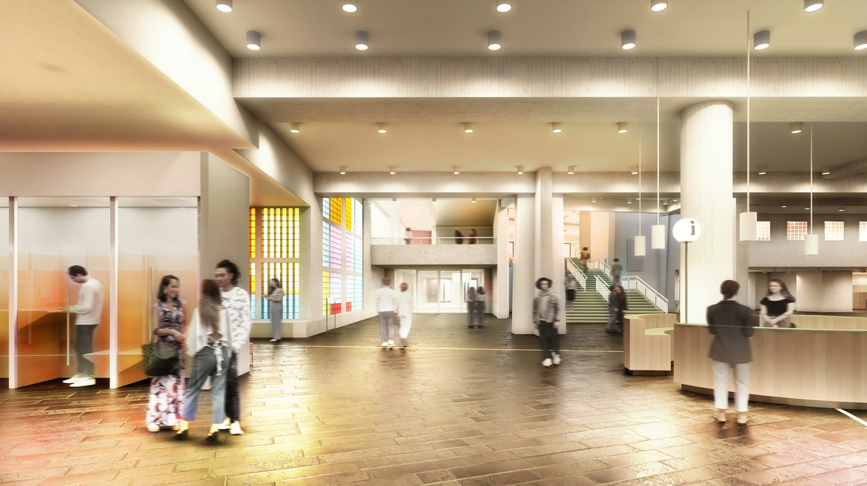 Innenraum der Staatsbibliothek zu Berlin – Haus Unter den Linden – mit Lesesaal, Arbeitsplätzen und Deckenbeleuchtung während der Grundinstandsetzung.