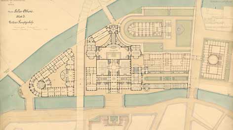 Entwurfszeichnung für den Museumsinselwettbewerb 1883/4: August Hermann Spielberg und Bernhard Kühn: Motto “Pallas Athene”, Grundriss des unteren Hauptgeschosses (Architekturmuseum TU Berlin, Inv. Nr. 8537) Entwurfszeichnung für den Museumsinselwettbewerb 1883/4