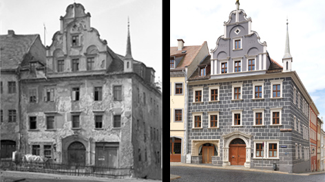 Peterstraße 7 in Görlitz,während Rekonstruktionsarbeiten, 1983 (links) nach erneuter Rekonstruktion 2015 (rechts) © Jörg Schöner Peterstraße 7 in Görlitz,während Rekonstruktionsarbeiten, 1983 (links) nach erneuter Rekonstruktion 2015 (rechts)
