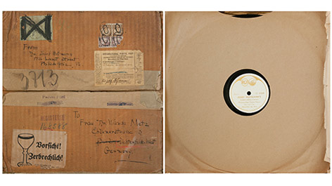 Versandkarton mit den Schallplatten des Josef Hofmann Golden Jubilee Concert in New York, Metropolitan Opera House, 28. November 1937 © SIMPK / Foto: Anne-Katrin Breitenborn Versandkarton mit den Schallplatten des Josef Hofmann Golden Jubilee Concert in New York, Metropolitan Opera House, 28. November 1937