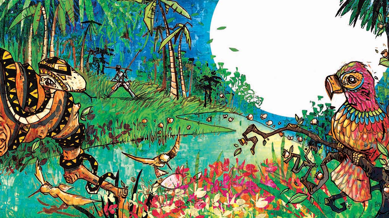 Illustration des argentinischen Künstlers Rodrigo Folgueira Illustration des argentinischen Künstlers Rodrigo Folgueira. Eine Schlange und ein Papagei im Urwald an einem Flussufer