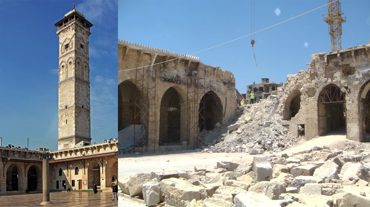 Die Umayyadenmoschee in Aleppo mit ihrem Minarett aus dem 11. Jahrhundert - im Jahr 2011 und im Jahr 2018