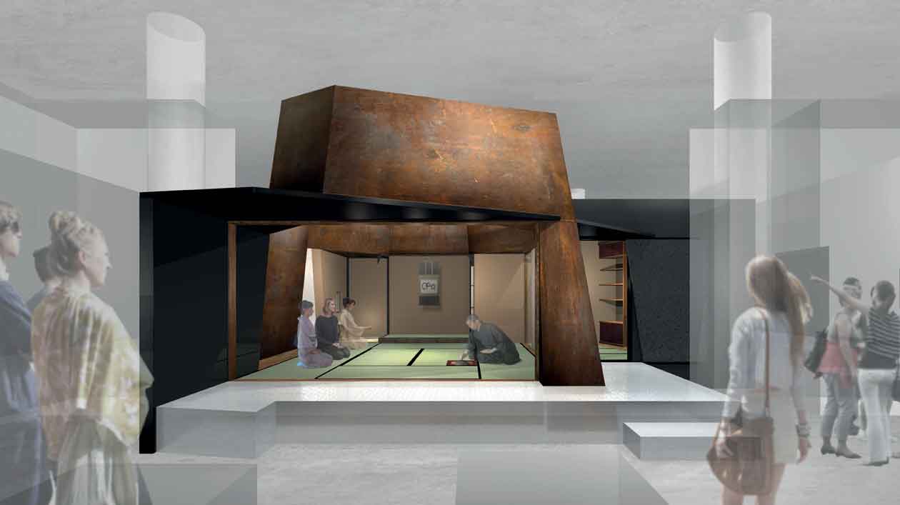 Teehaus im Humboldt Forum, Bereich Asien im Ausstellungsmodul zu japanischer Kunst (Rendering) Teehaus im Humboldt Forum, Bereich Asien im Ausstellungsmodul zu japanischer Kunst (Rendering)