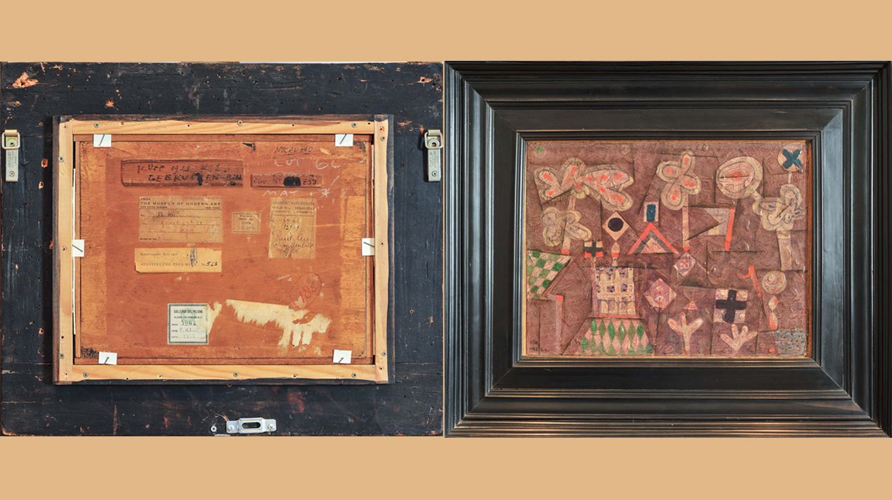Rechts: Paul Klee „Lebkuchenbild“, 1925, Links: Rückseite mit Provenienzhinweisen © Staatliche Museen zu Berlin, Nationalgalerie / Andres Kilger Rechts: Paul Klee „Lebkuchenbild“, 1925, Links: Rückseite mit Provenienzhinweisen