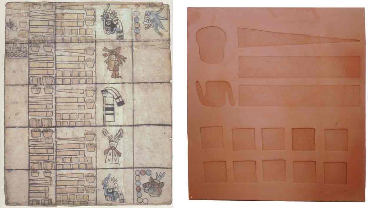 Links: Codex Humboldt Fragment 1 - rechts: Musterfliese für „Codex Humboldt Fragment 1 / Codex Azoyú Reverso“ Links: Codex Humboldt Fragment 1 - rechts: Musterfliese für „Codex Humboldt Fragment 1 / Codex Azoyú Reverso“