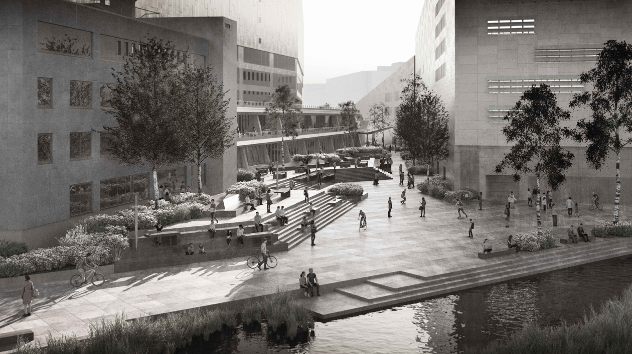 Staatsbibliothek zu Berlin, Haus Potsdamer Straße: Rendering Eingang Ostseite Leseterrassen © gmp Generalplanungsgesellschaft mbH, Berlin Staatsbibliothek zu Berlin, Haus Potsdamer Straße: Rendering Eingang Ostseite Leseterrassen