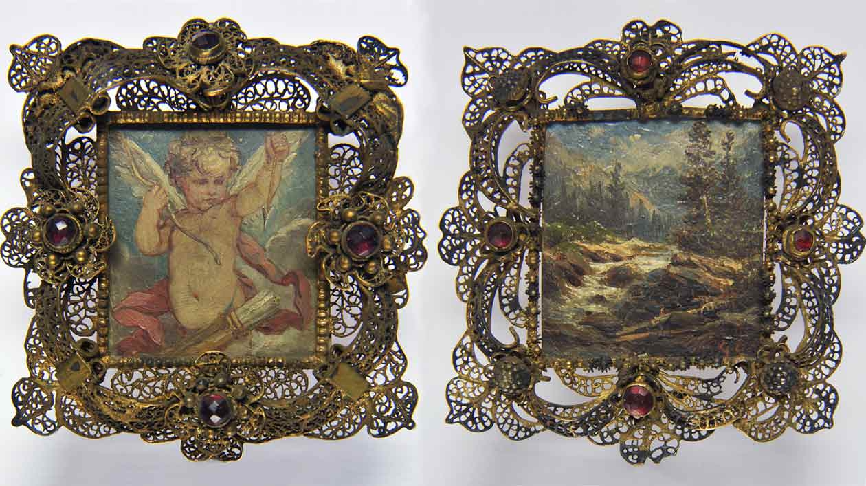 Carl Karger: Amor / Georg Engelhardt: Gebirgsbach in felsigem von Tannen umsäumten Bett Zwei Miniaturen aus der Sammlung Loewe