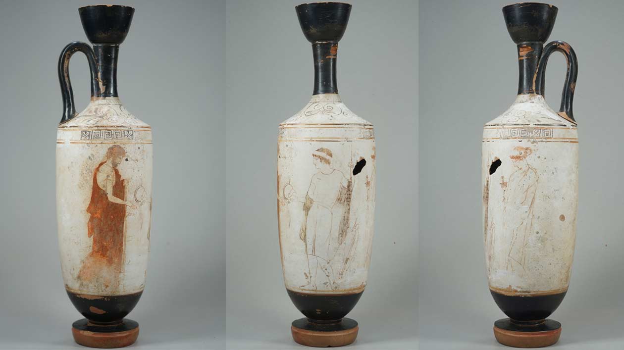 Attisch-weißgrundige Lekythos des Quadrat-Malers, um 440/430 v.Chr. Drei Ansichten eines antiken Gefäßes