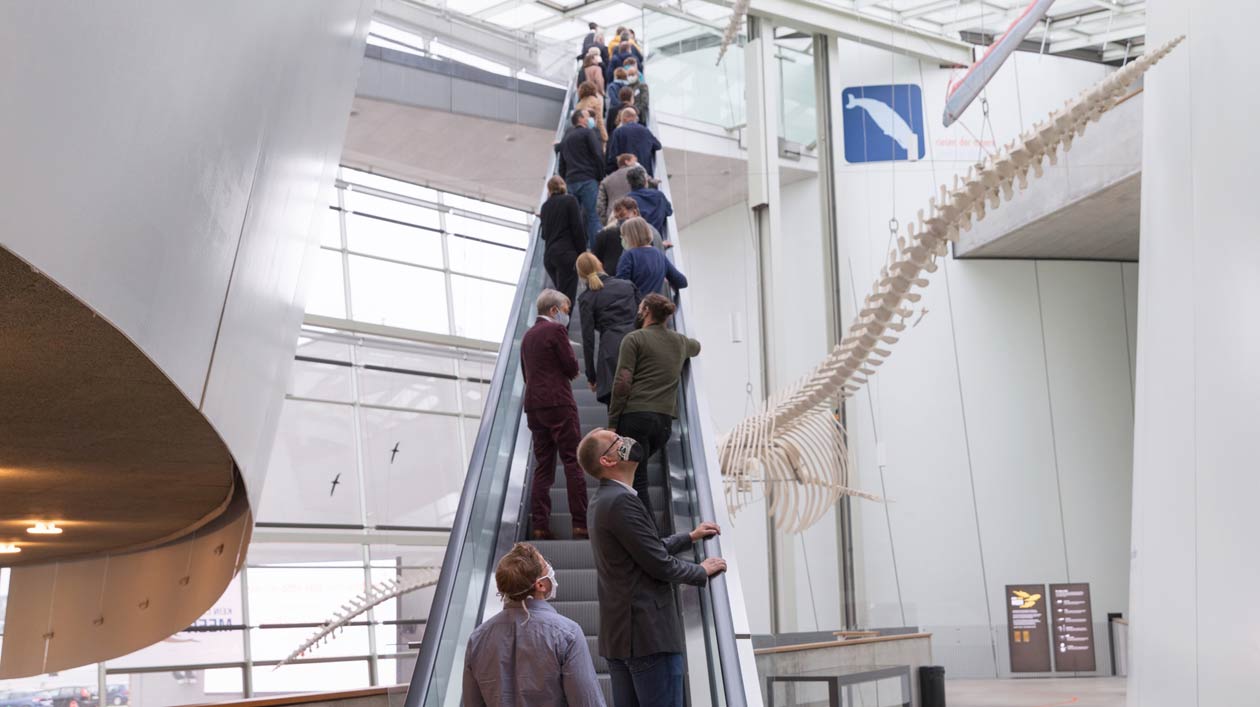 Auf in die nächste museum4punkt0-Förderphase: mit neuen Teams aus allen Teilen Deutschlands Eine Gruppe von Personen auf einer aufwärts fahrenden Rolltreppe