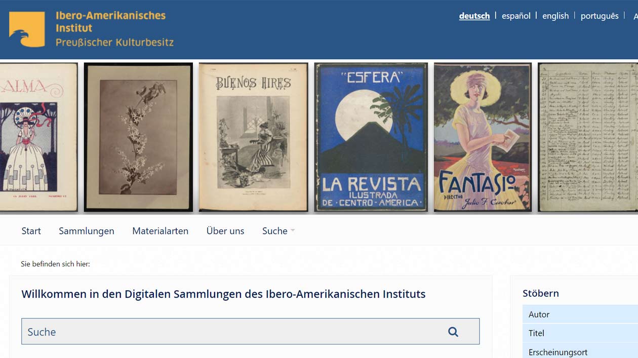 Die Digitalen Sammlungen des Ibero-Amerikanischen Instituts Screenshot der Startseite der Digitalen Sammlungen