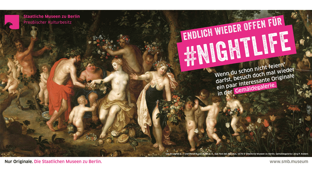 Campaign motif: Jan Brueghel (der Jüngere) / Hendrick van Balen (der Ältere): Das Fest des Bacchus, 1620 - 1632 Representation of a Bacchic painting with the inscription "Finally open again for nightlife"