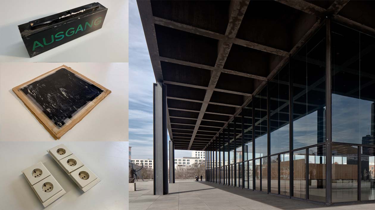 Bauteile Neue Nationalgalerie Fotocollage: Außenansicht eines Glasgebäudes, ein Ausgangsschild, eine Platte, Steckdosen