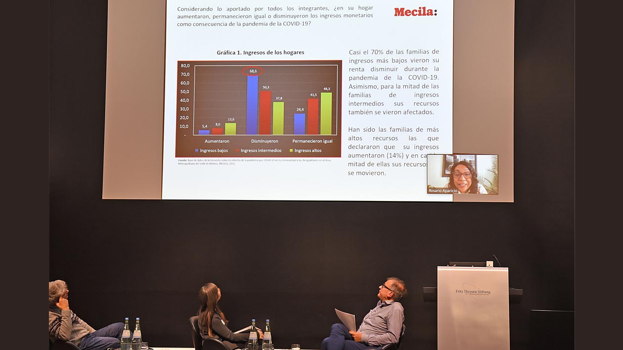 Mecila Annual Meeting 2021 Personen auf einem Podium sehen zu einer Leinwand hoch