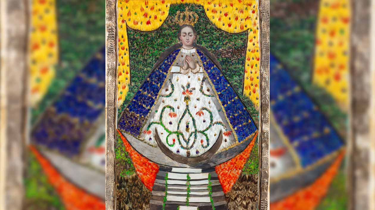 Federmadonna, Mexiko (Ende 18. Jahrundert) Eine Madonnadarstellung aus bunten Federn in gelb, blau, rot und grün