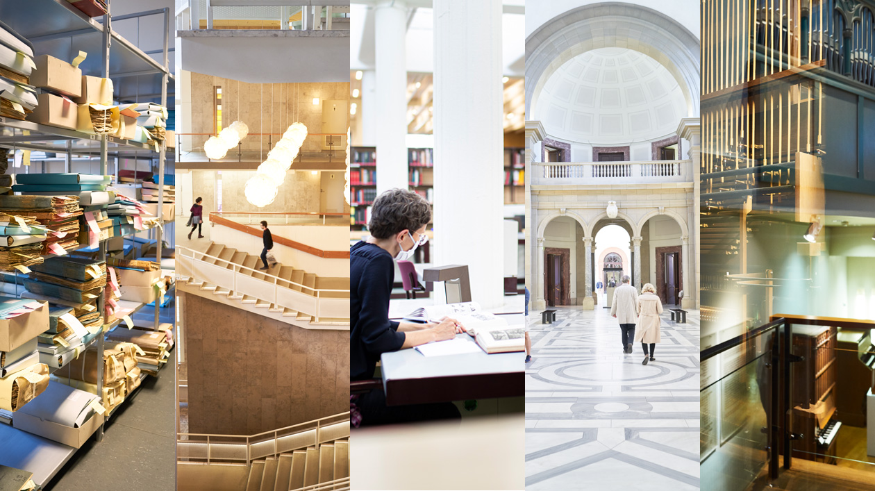 Collage aus fünf Bildern, die Innenräume von Museen und Bibliotheken zeigen