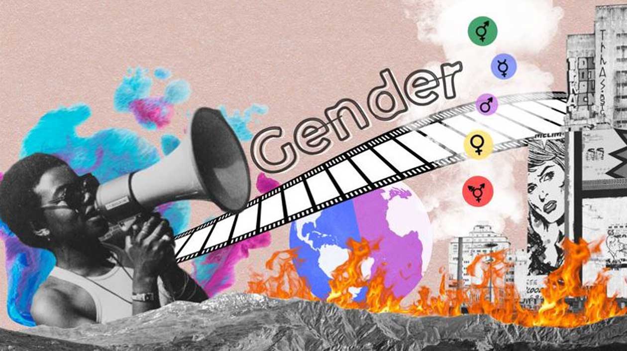 Süd-Nord-Verbindungen im Kampf für die Rechte von Frauen und LGTBIQ Künstlerische Collage „Gender“, Frau mit Megaphon, Großstadtkulisse