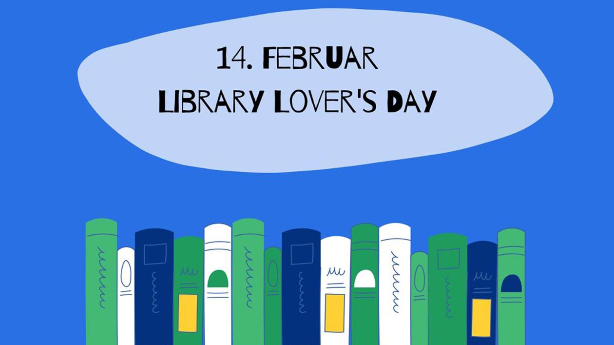 Banner Library Lovers' Day, Schriftzug und Grafik Bücher auf blauem Grund