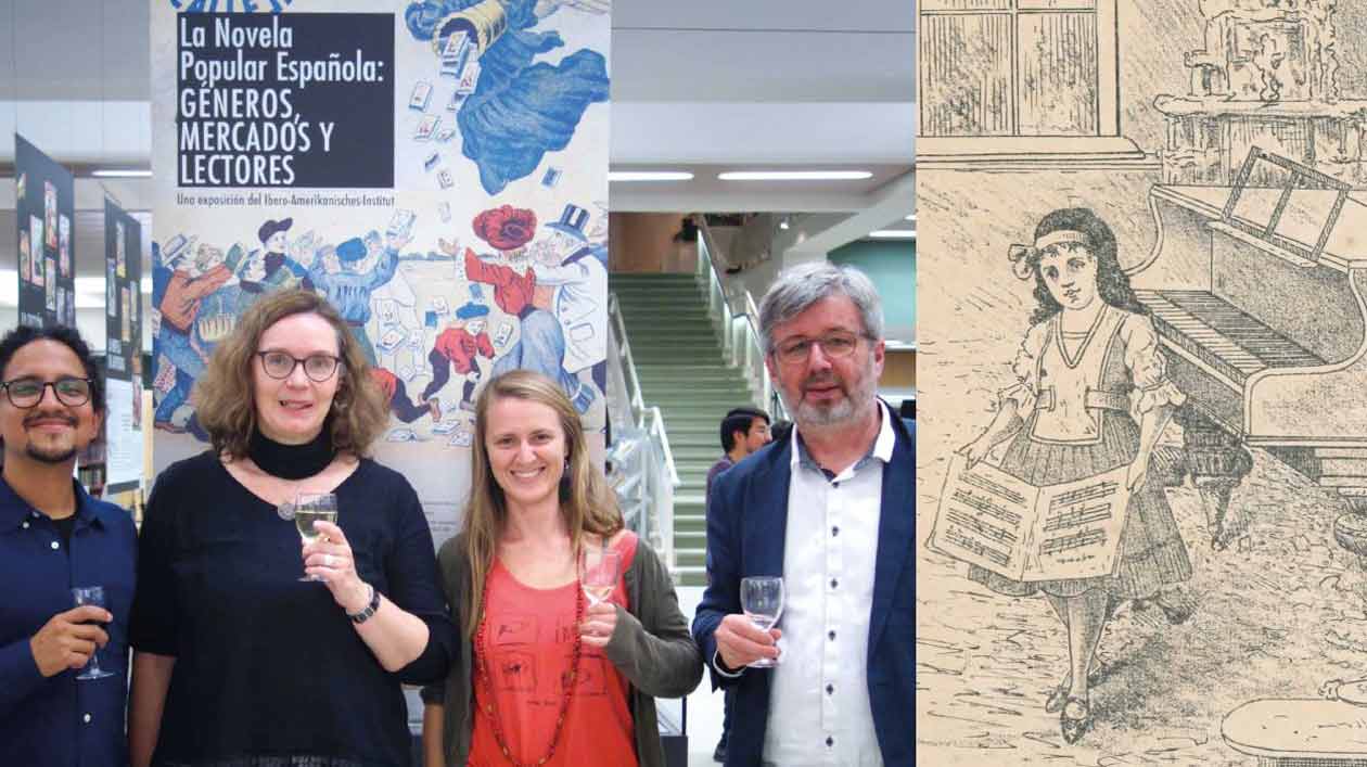 Collage: Links posieren vier Personen für ein Foto, rechts eine Zeichnung eines Mädchens