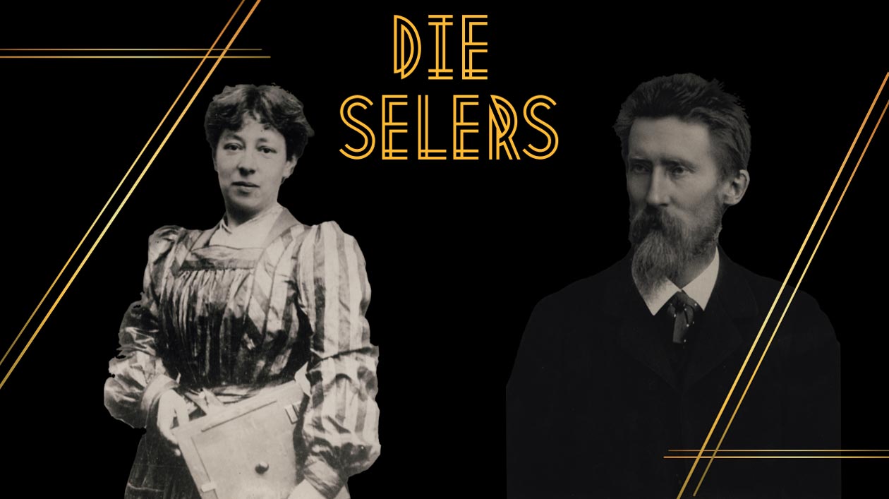Historische Porträtaufnahmen von Eduard Seler und Caecilie Seler-Sachs Grafik: Schwarzer Hintergrund, zwei Porträts, Schrift und gelbe grafische Elemente