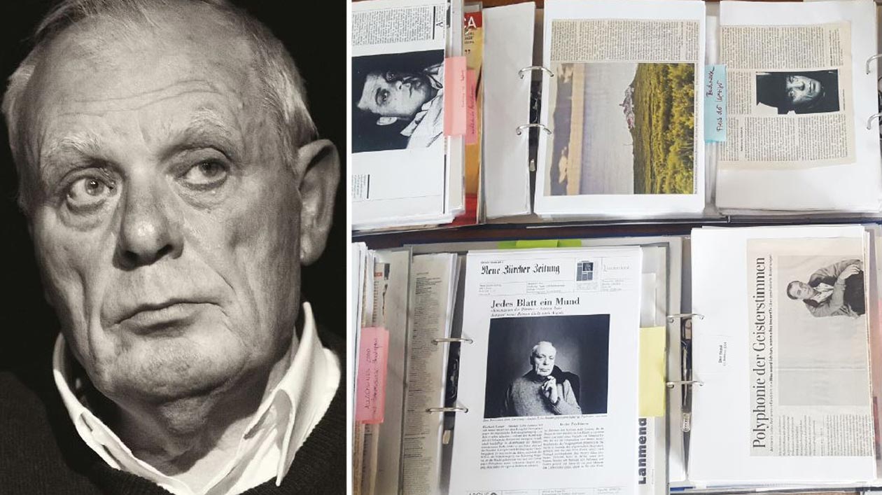 António Lobo Antunes Porträt eines Mannes, daneben Collage aus Büchern