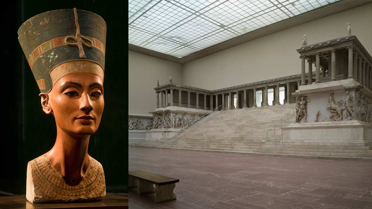 Nofretete und Pergamonaltar Links die Büste der Nofretete, rechts die Präsentation des Pergamonaltars im Pergamonmuseum vor der Schließung