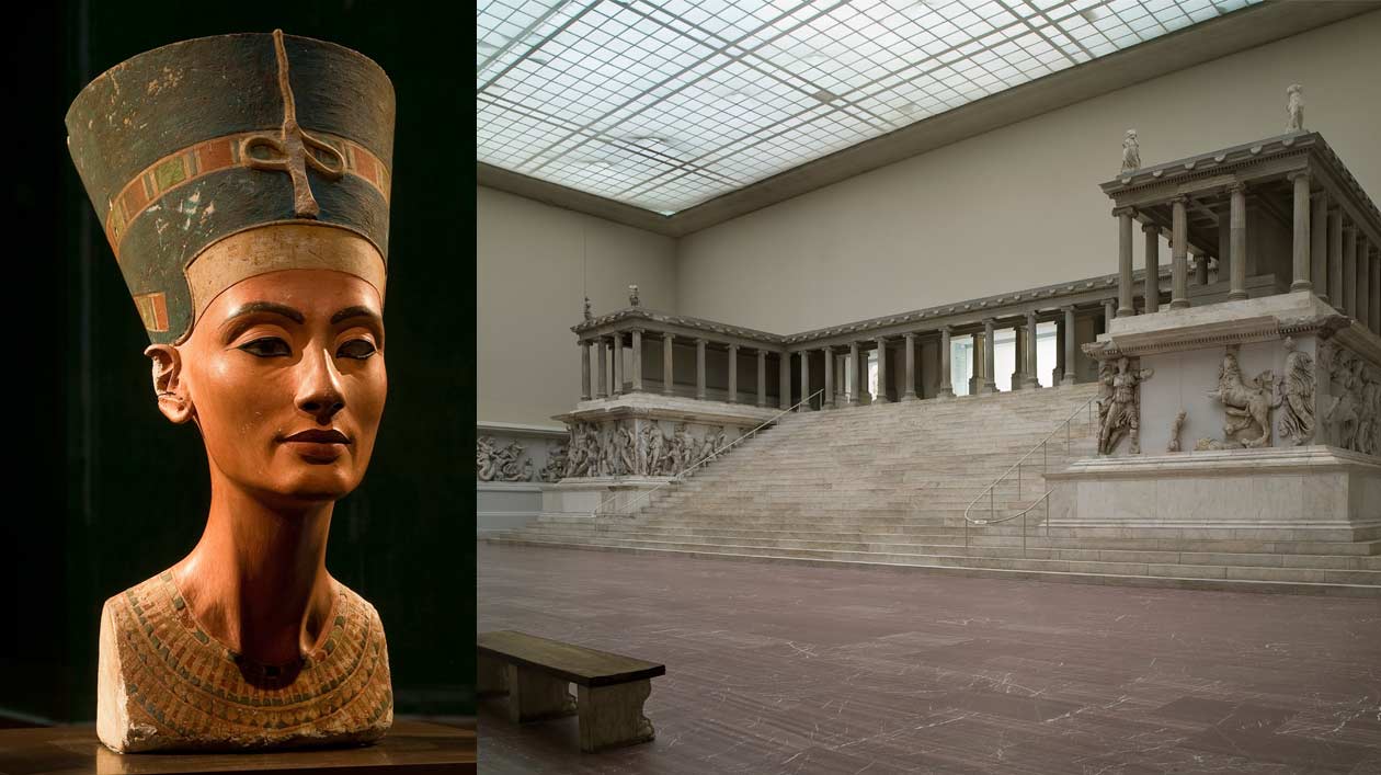 Links die Büste der Nofretete, rechts die Präsentation des Pergamonaltars im Pergamonmuseum vor der Schließung