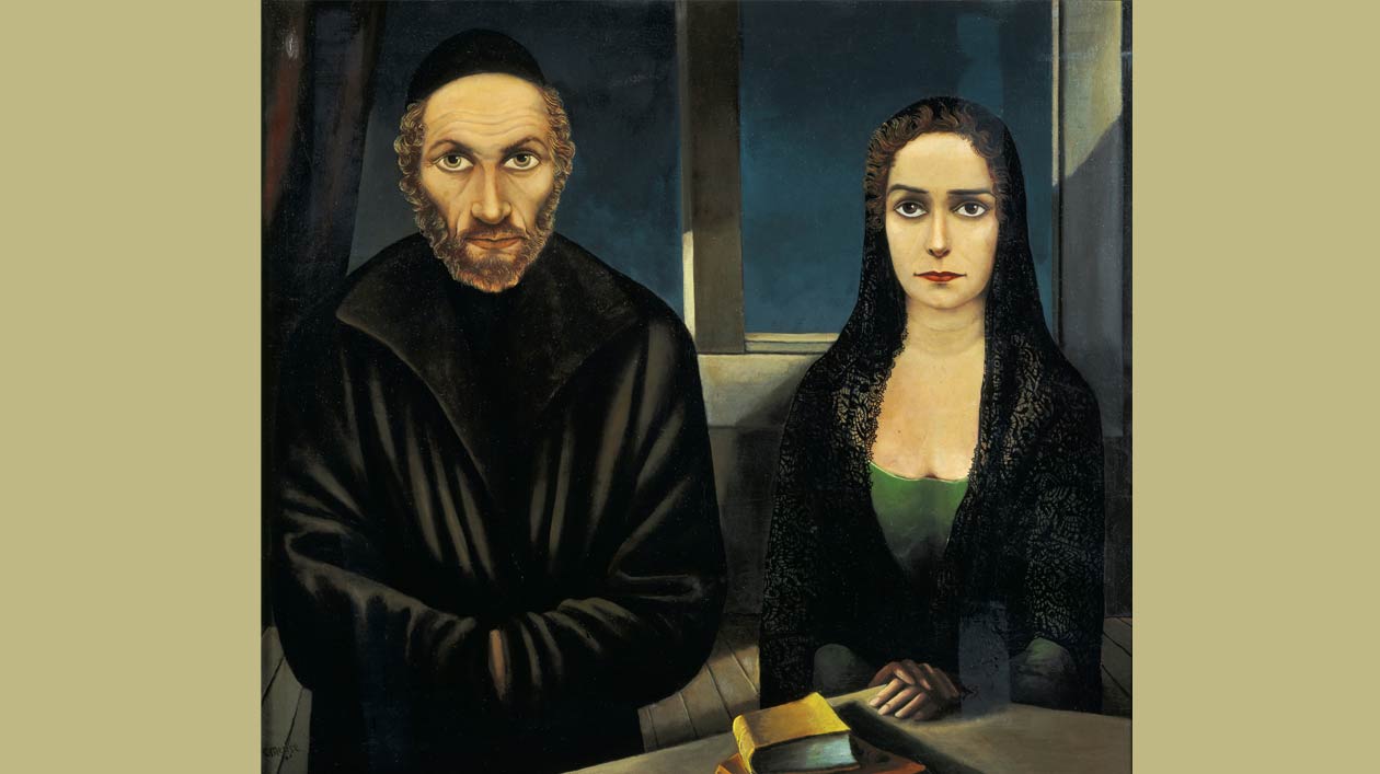 Gemälde mit zwei Personen vor einem dunklen Fenster