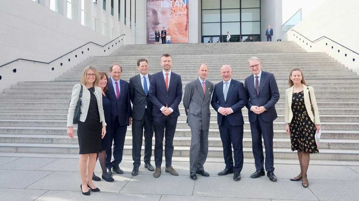 Duke of Edinburgh (4th from right) Group photo in front of stairs