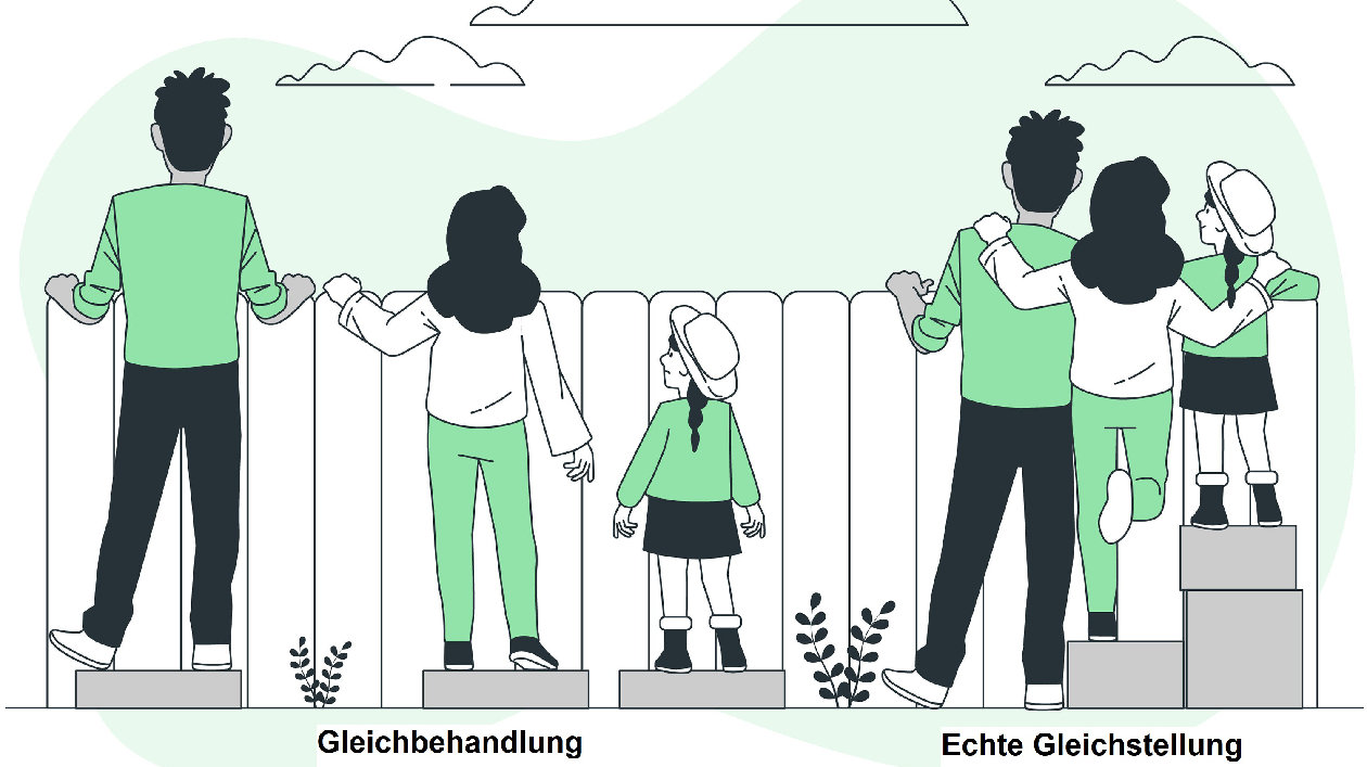 Symbolbild: Gleichstellung ist möglich. Eine grafische Zeichnung von einer Kleinfamilie, die über einen Zaun blickt. Verschiedene Kartons helfen dabei.
