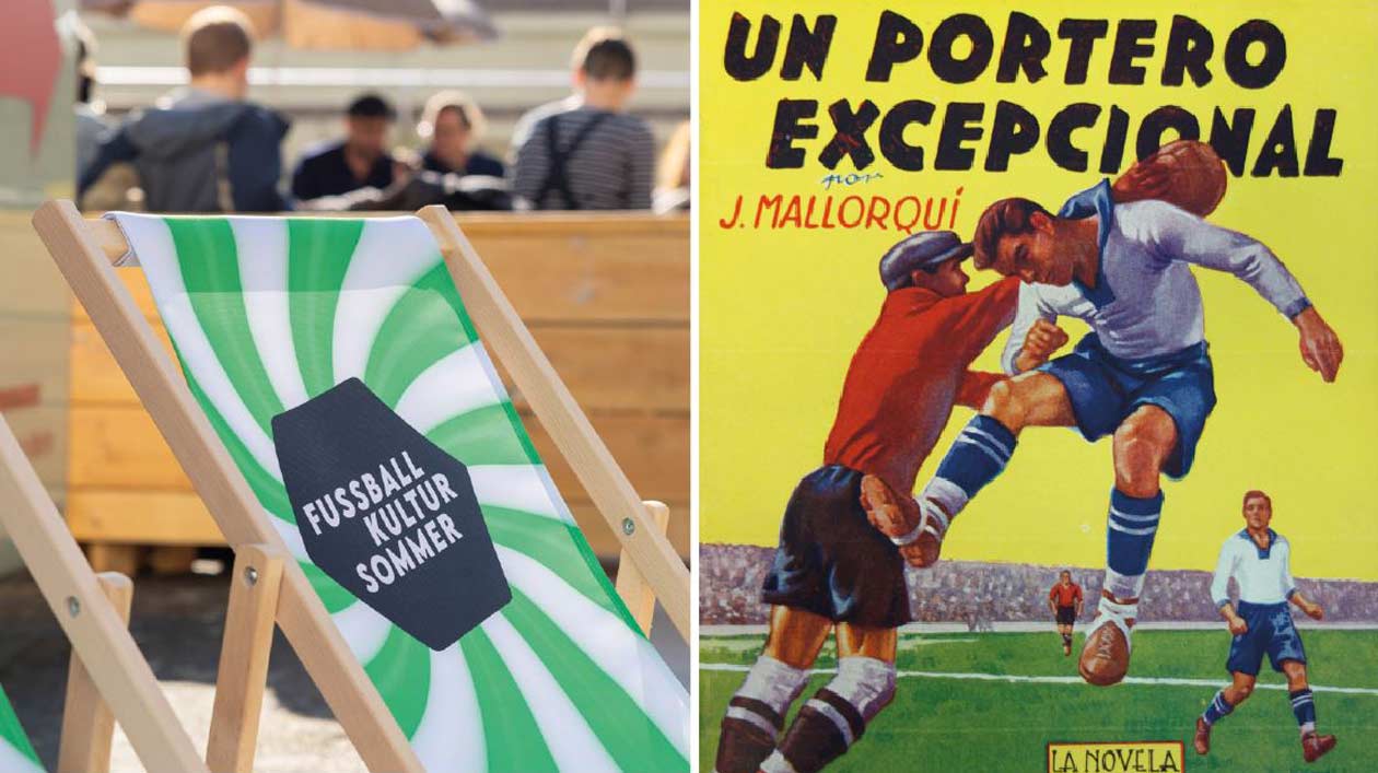 „Pasión Fútbol“ Lesung Hansa Czypionka am Kulturforum und Vitrinen-Ausstellung im Lesesaal des IAI Collage aus Buchcover mit Fußballspielern und einem Gartenstuhl
