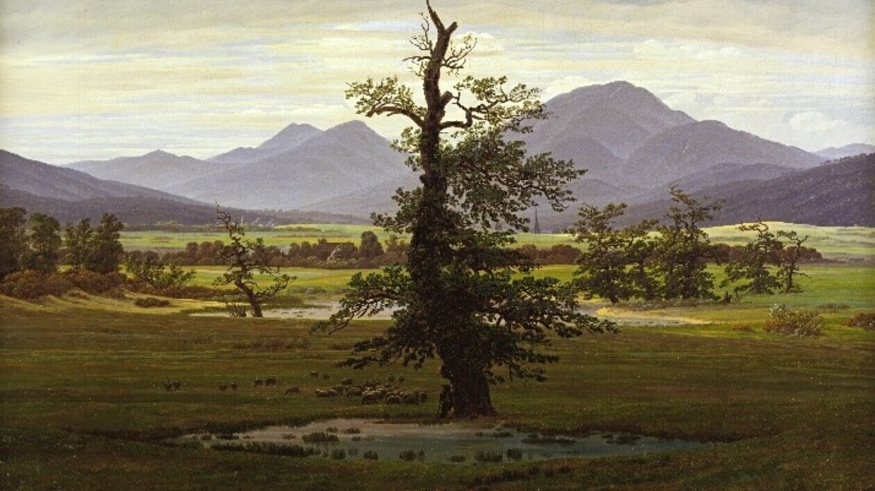 Caspar David Friedrich: Der einsame Baum Baum auf einer Ebene im Hintergrund Berge